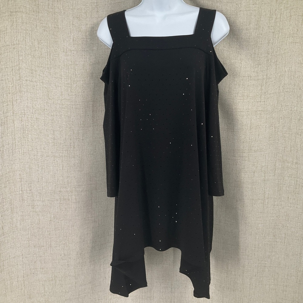 Clara Sunwoo Tunic Top Womens M Black Spandex Glitter Cold Shoulder Sharkbite